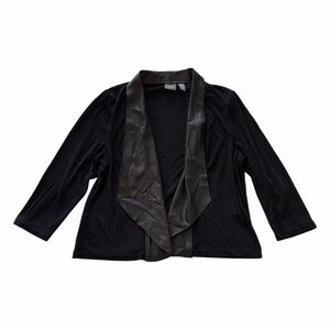 Chico’s Travelers Faux-Leather Cardigan Black Sz L Mixed Media Career Wear